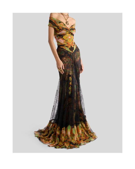 Etro Natural Silk Maxi Skirt With Lace And Floral Motif