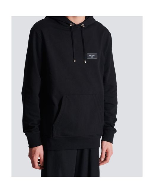 Balmain Black Logo Patch Drawstring Hoodie for men