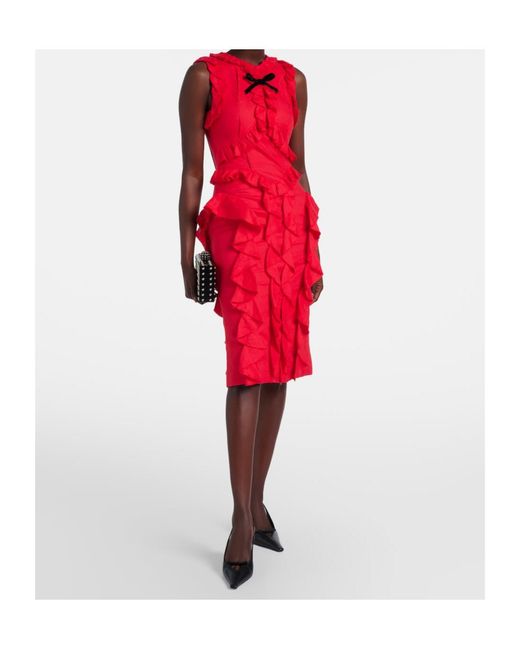 ShuShu/Tong Red Bow-Detail Ruffled Linen Midi Dress