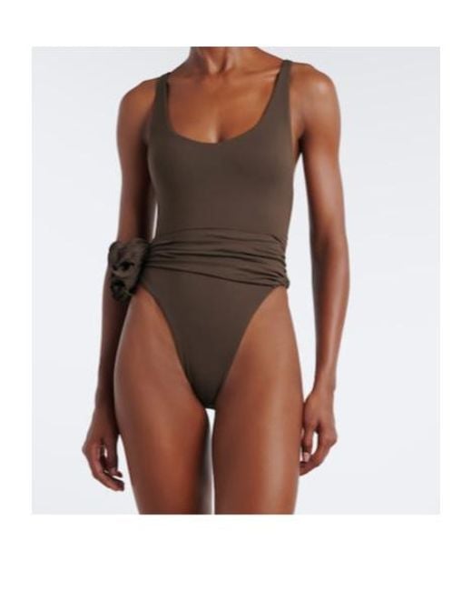 Magda Butrym Brown Floral-Appliqué Draped Swimsuit