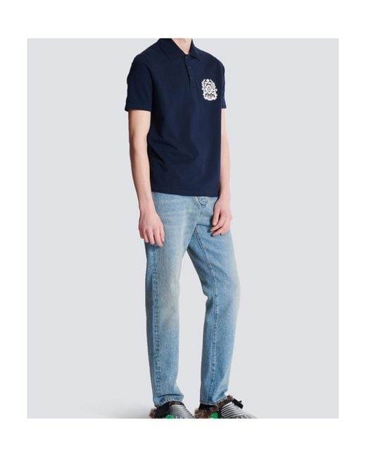 Balmain Blue Cotton Crest Polo Shirt for men