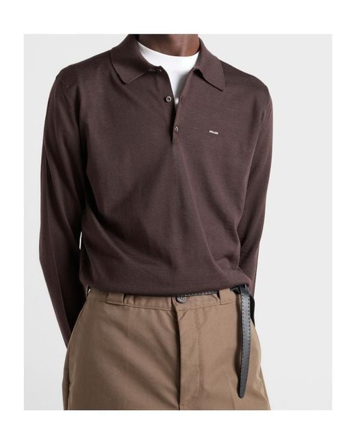 Prada Brown Long-Sleeved Superfine Wool Polo Sweater for men