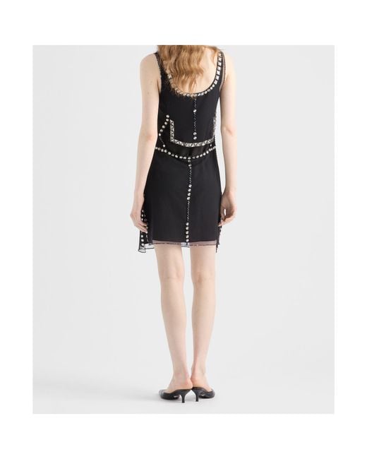 Prada Black Embroidered Tulle Mini-Dress