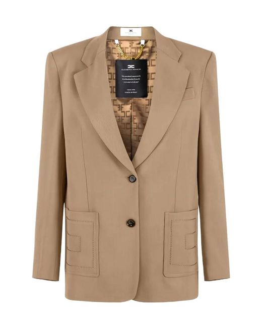 Elisabetta Franchi Natural Single Breasted Logo Thread-Embroidered Blazer