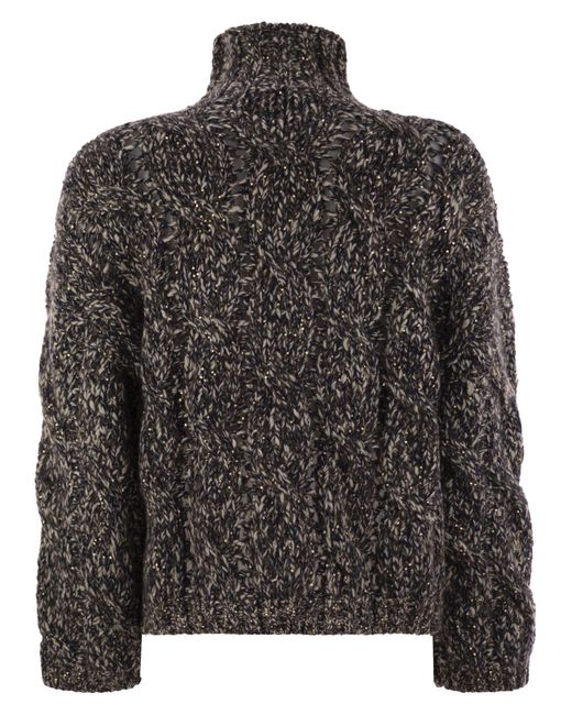 Brunello Cucinelli Black Soft Wool, Cashmere And Mohair Turtleneck Sweater With Braided Design