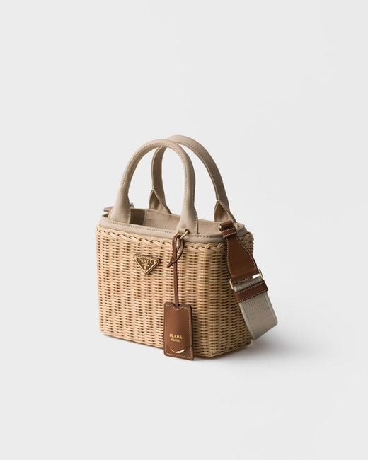 Prada Natural Small Wicker And Canvas Tote Bag