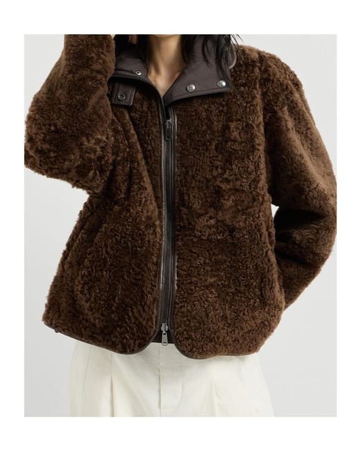Brunello Cucinelli Brown Fuzzy-Shearling Reversible Outerwear Jacket With Monili