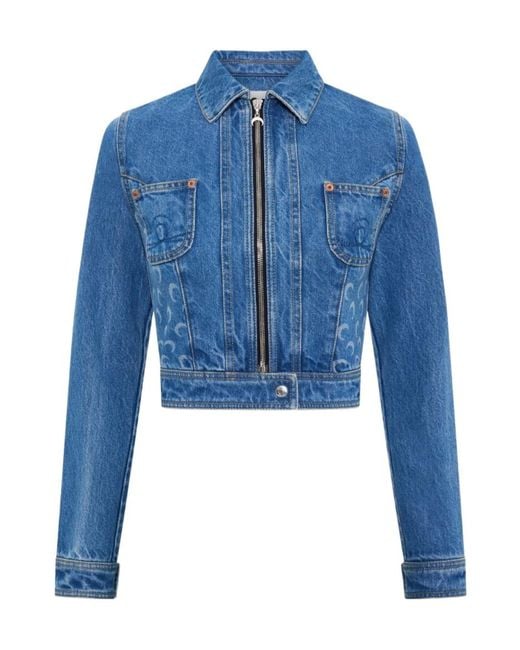 MARINE SERRE Blue Cropped Moon-Pattern Denim Jacket