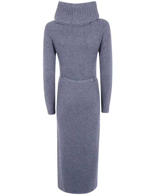 Twinset Blue Cowlneck Belted Knit Midi Dress