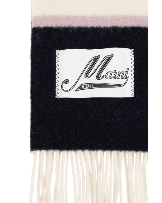 Marni Black Logo Patch Striped Fringed Scarf