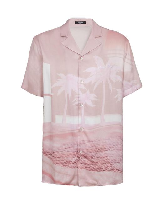 Balmain Pink Twill Palm Tree Print Shirt for men
