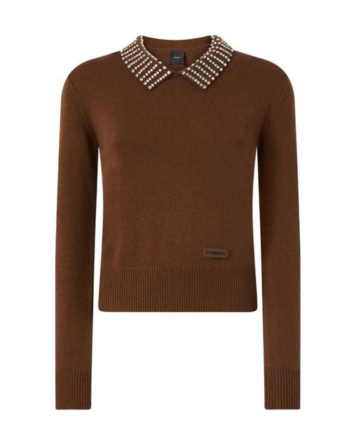 Pinko Brown Embellished Collar Knitted Jumper