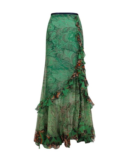 Etro Green Paisley Printed Ruffled Long Skirt