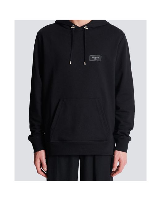 Balmain Black Logo Patch Drawstring Hoodie for men
