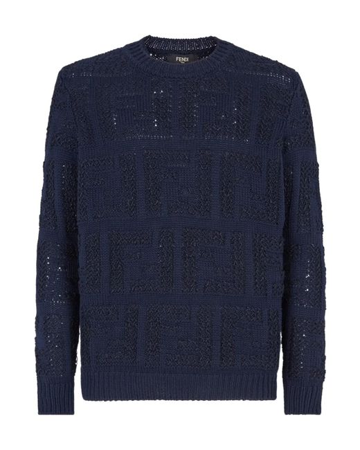 Fendi Blue All-Over Ff Motif Chunky-Knit Jumper for men