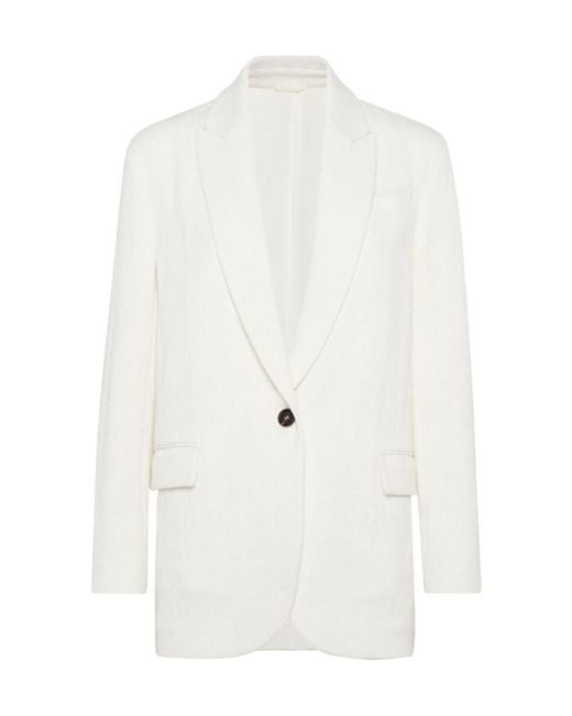 Brunello Cucinelli White Herringbone Single-Breasted Tailored Blazer