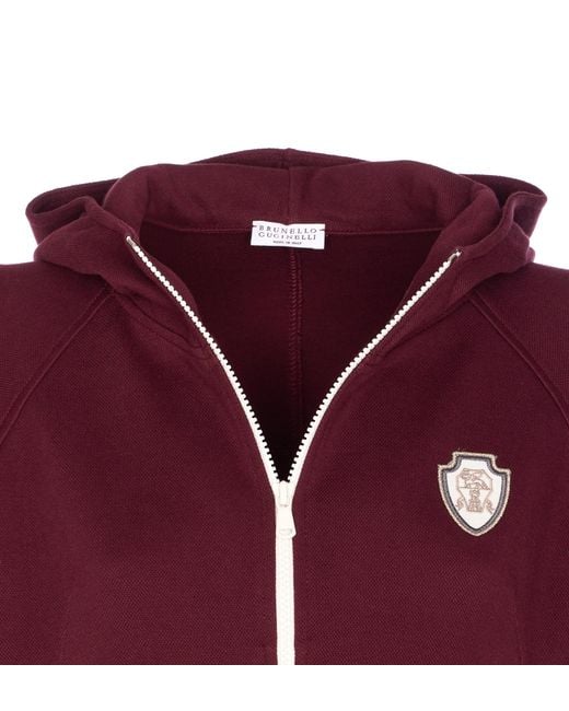 Brunello Cucinelli Red Logo Patch Zip-Up Hoodie