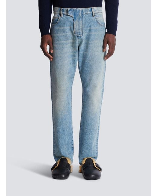 Balmain Blue Straight-Leg Belt-Looped Jeans for men