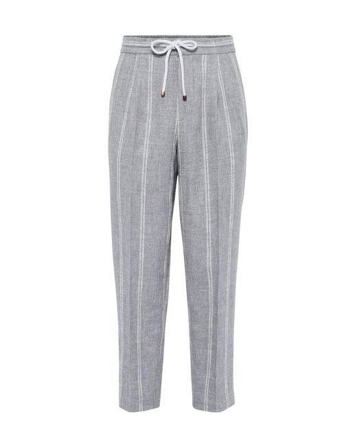 Brunello Cucinelli Gray Vertical-Striped Tapered Trousers for men