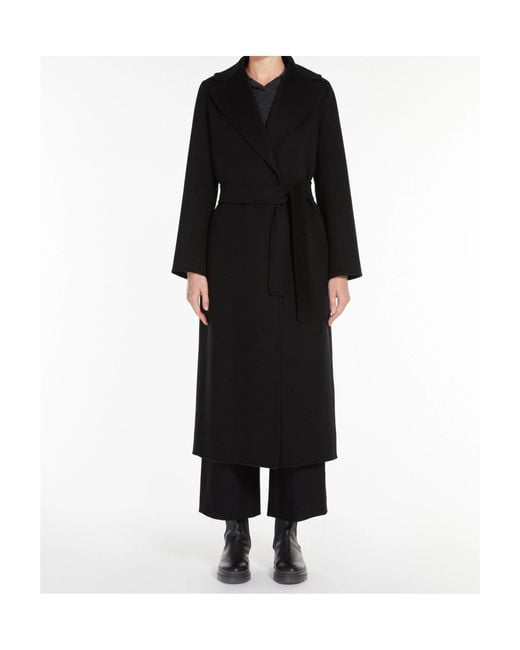 Max Mara Black Hand-Sewn Double-Drape Pure Wool Belted Jacket With Lapel Collar & Silk-Lined Sleeves