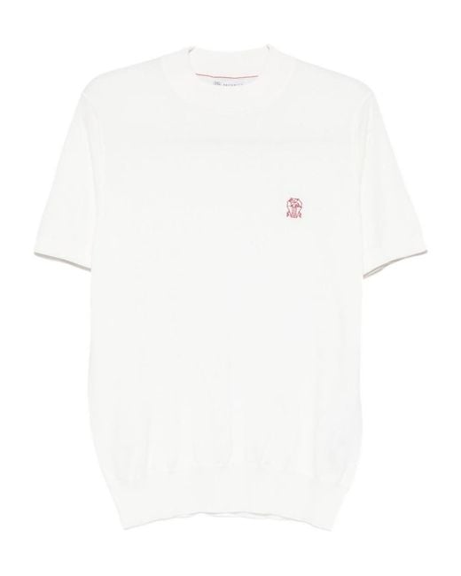 Brunello Cucinelli White Embroidered-Logo Knitted T-Shirt for men