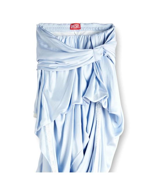 DIESEL Blue Draped Satin Midi Skirt With Lace-Trim