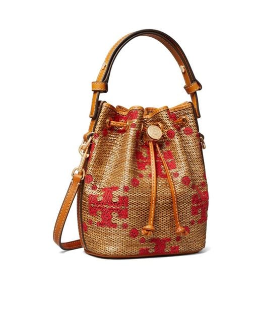 Tory Burch Red T Monogram Straw Mini Bucket Bag