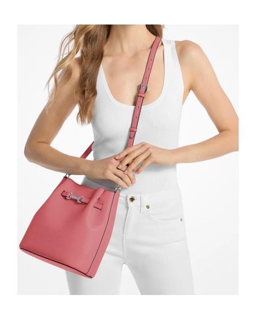 Michael Kors Pink Carson Medium Pebbled Leather Convertible Bucket Crossbody Bag