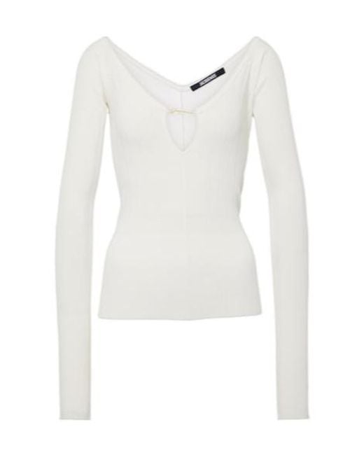 Jacquemus White Scalloped Ribbed-Knit Top