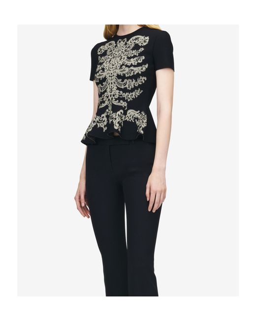 McQueen Black Lace Ribcage Jacquard Peplum Top