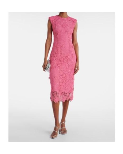 Monique Lhuillier Pink Hibiscus Floral Lace Midi Dress