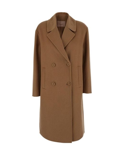 Twinset Brown Double-Breasted Long Coat
