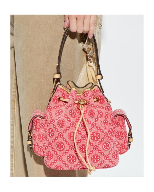 Tory Burch Pink T Monogram Denim Bucket Bag