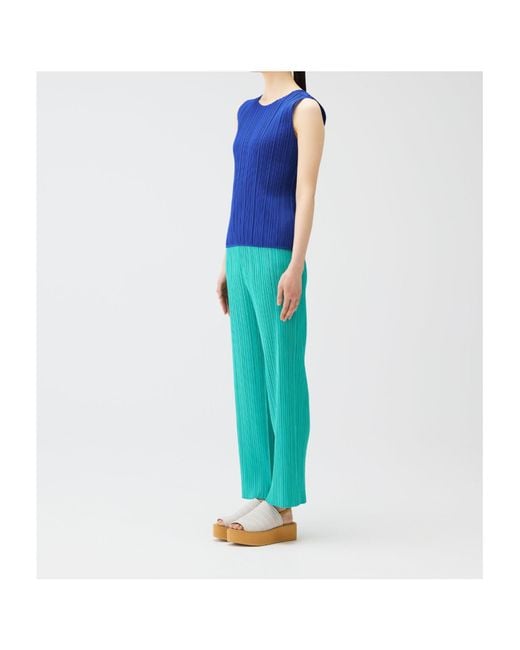Pleats Please Issey Miyake Blue Sleeveless Round-Neck Top