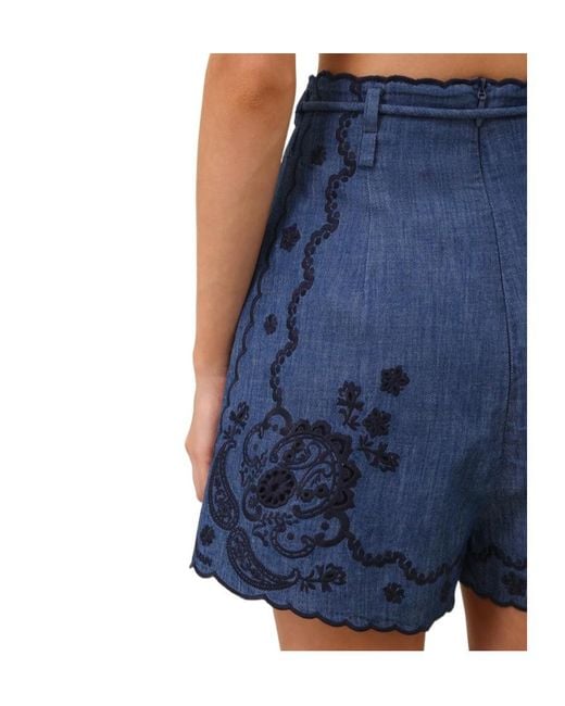 Zimmermann Blue Aster Embroidered Denim Shorts