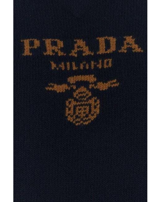 Prada Blue Logo-Intarsia Striped-Trim Crewneck Jumper