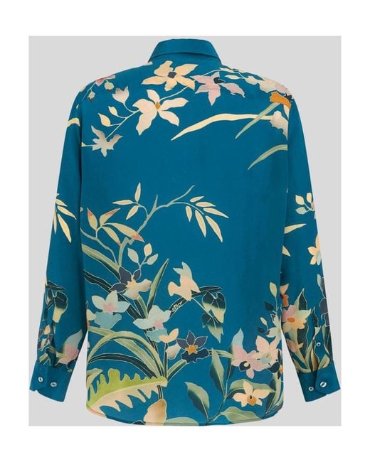 Etro Blue Floral Print Collared Button-Up Shirt for men