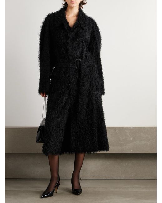 Carven Black Belted Faux-Shearling Coat