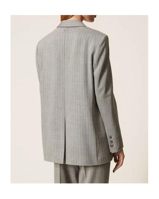 Twinset Gray Pinstriped Double-Breasted Blazer