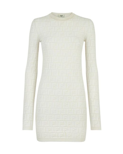 Fendi White All-Over Ff Embossed Crewneck Mini Dress