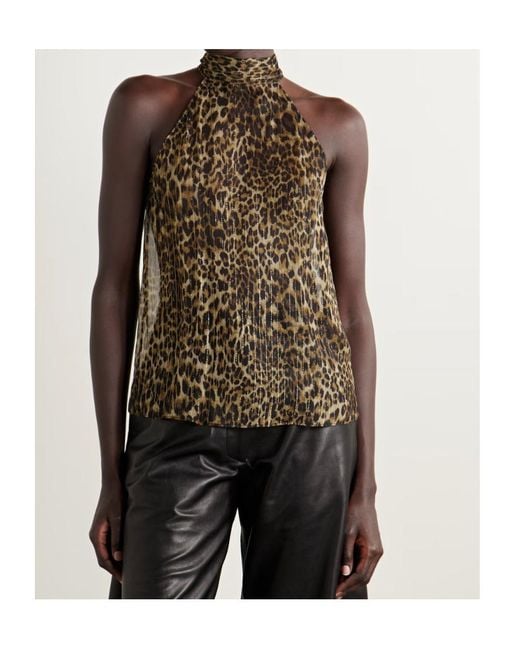 Nili Lotan Brown Alla Tie-Neck Leopard-Print Metallic Silk-Crepon Halterneck Top
