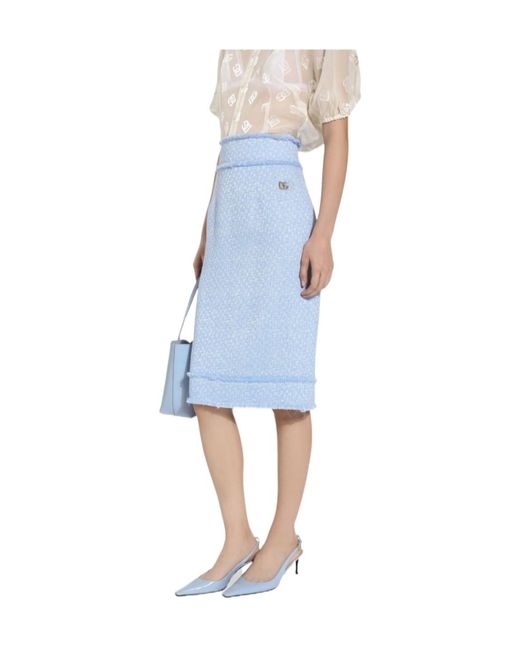Dolce & Gabbana Blue Calf-Length Raschel Tweed Pencil Skirt With Dg Logo