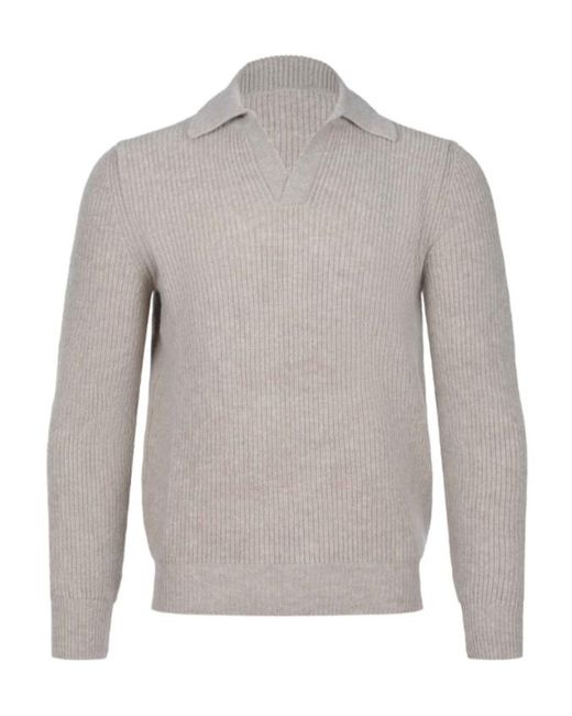Tagliatore Gray V-Neck Knitted Polo Shirt for men