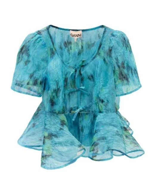 Ganni Blue Shibori Organza Peplum Top