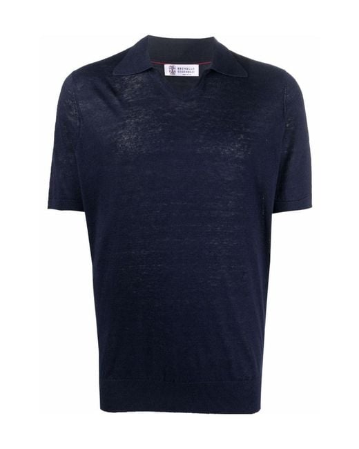 Brunello Cucinelli Blue Ribbed-Edge Polo Shirt for men