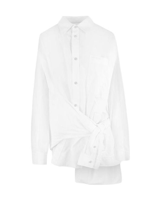 Balenciaga White Asymmetric Knot Detailed Long-Sleeved Shirt