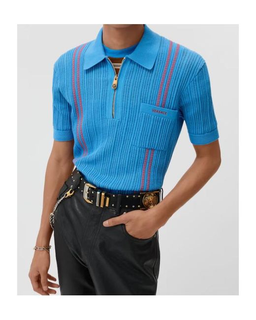 Versace Blue Logo-Embroidered Knitted Polo Shirt for men