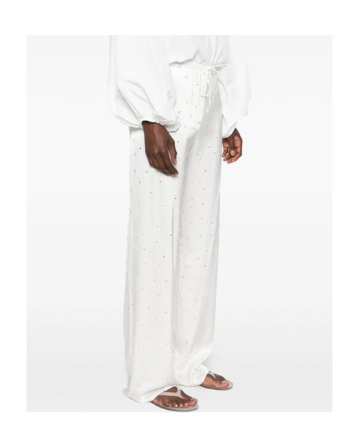 Oseree White Crystal-Embellished Drawstring Trousers