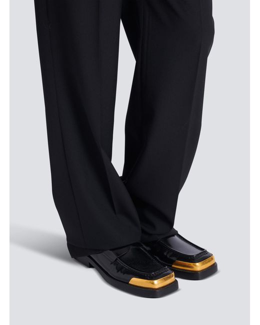 Balmain Black Square-Toe Glazed Leather Loafers for men