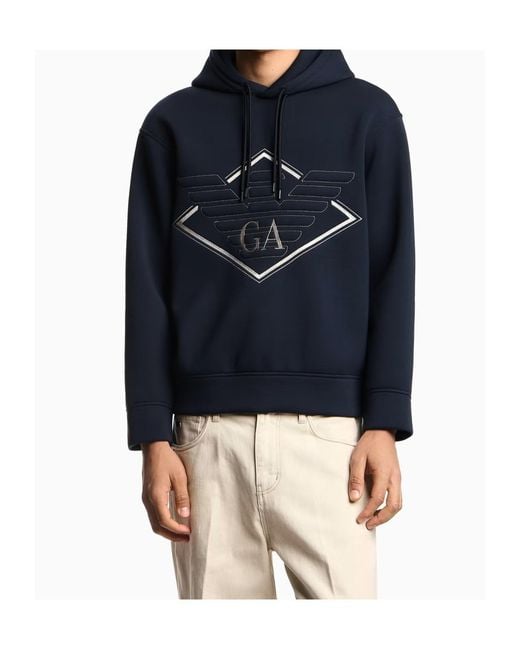 Emporio Armani Blue Logo Embroidered Drawstring Hoodie for men
